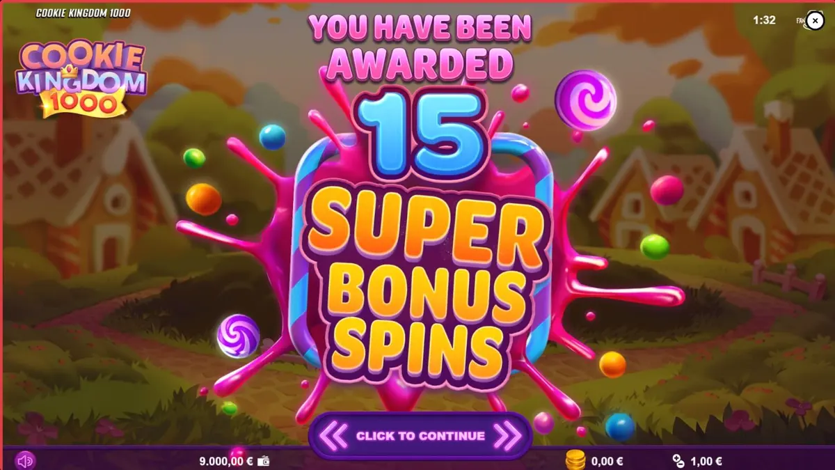 Cookie Kingdom 1000 slot machine interface na may makukulay na kendi at baker bear theme