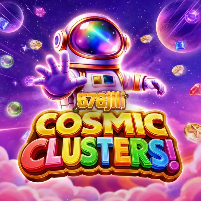 Isang makulay na grid ng Cosmic Clusters slot na nagpapakita ng mga simbolo ng kalawakan.